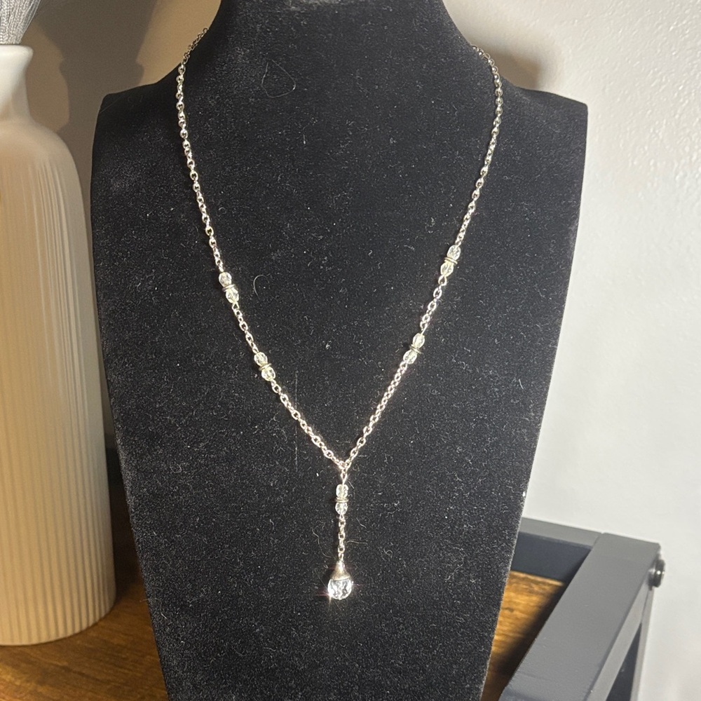 Vintage elegant Silver Necklace with clear beads accents. Adjustable chain.